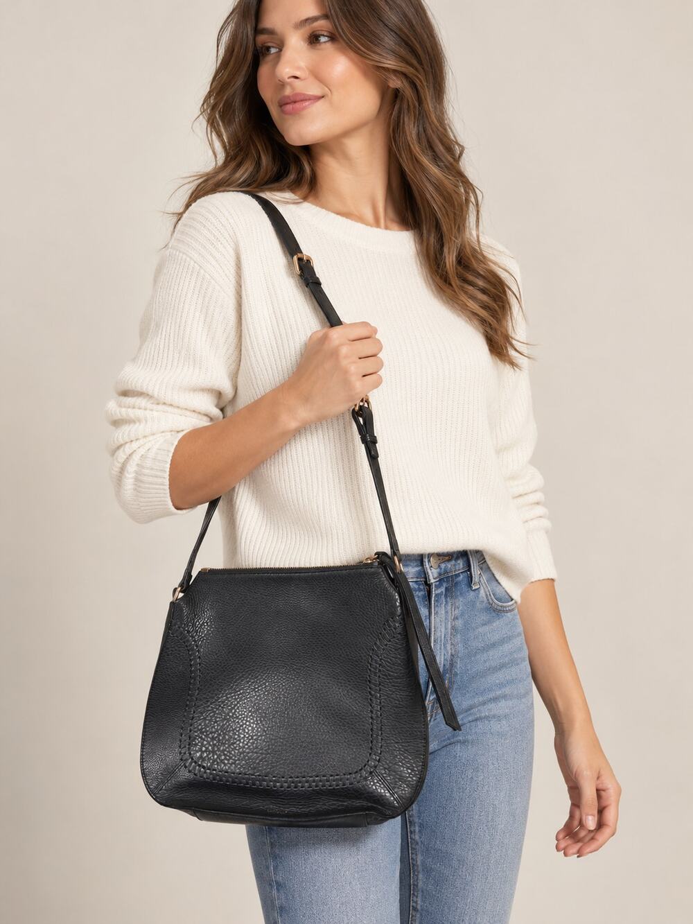 Botkier Whipstitched Crossbody Shoulder Bag Black Pebbled Leather Zip Minimalist